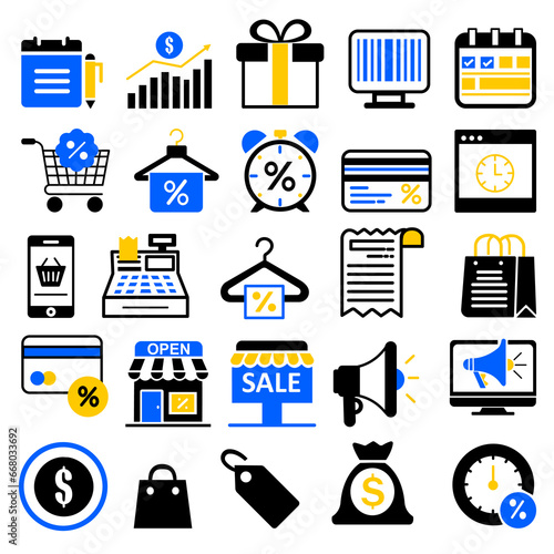 Black Friday icon set, Online shopping on a laptop promoted sales at discounted symbol concept
