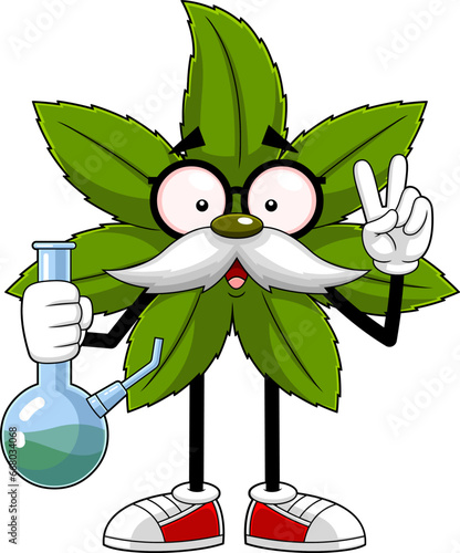 Marijuana Leaf Professor Cartoon Character Holding A Bong And Showing Peace Hand Sign. Vector Hand Drawn Illustration Isolated On Transparent Background