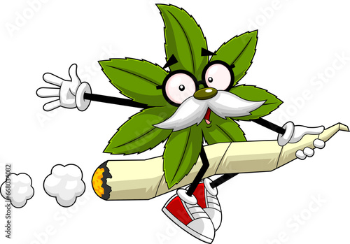 Marijuana Leaf Professor Cartoon Character Flying On Marijuana Cannabis Cigarette. Vector Hand Drawn Illustration Isolated On Transparent Background