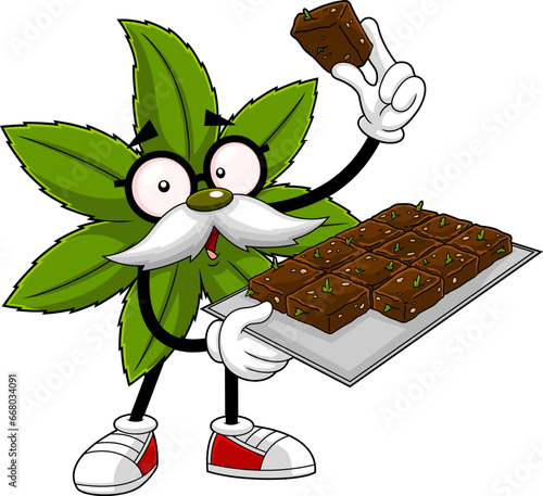 Marijuana Leaf Professor Cartoon Character Showing Best Cannabis Cake. Vector Hand Drawn Illustration Isolated On Transparent Background