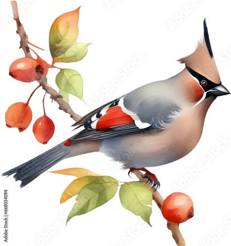 Watercolor paintings of colorful Bohemian waxwing birds.   photo