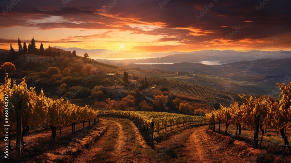 The sun is setting over a vineyard in the hills