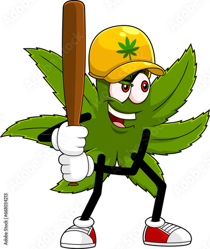 Marijuana Leaf Cartoon Character Baseball Player. Vector Hand Drawn Illustration Isolated On Transparent Background