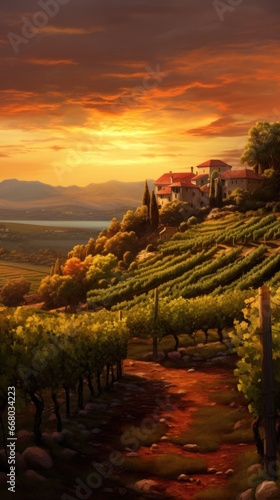 A painting of a sunset over a vineyard
