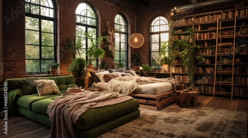 A bedroom with a bed, couch, and bookshelf