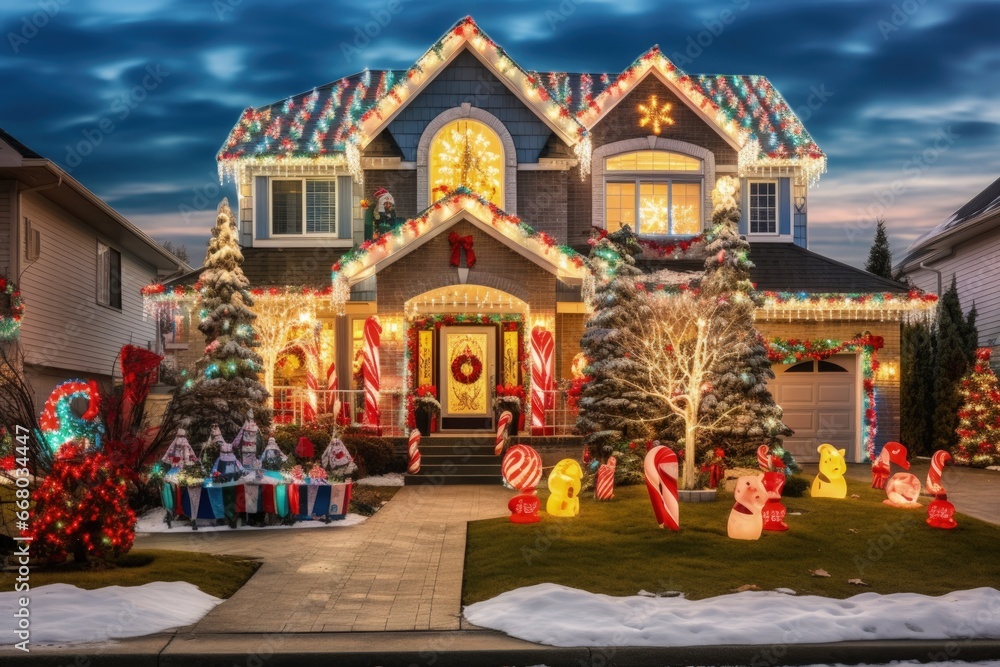 Beautiful Christmas Light Display on Typical Suburban Home, Holiday Decoration, Bright Light Show