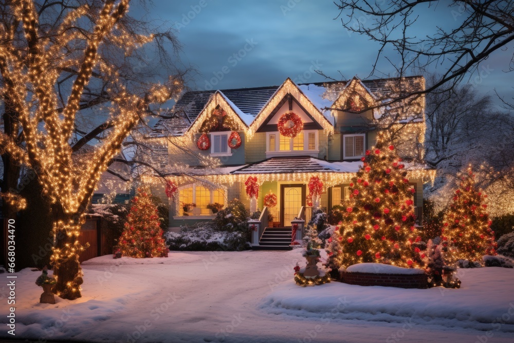 Beautiful Christmas Light Display on Typical Suburban Home, Holiday Decoration, Bright Light Show Beautiful Christmas Light Display on Typical Suburban Home, Holiday Decoration, Bright Light Show