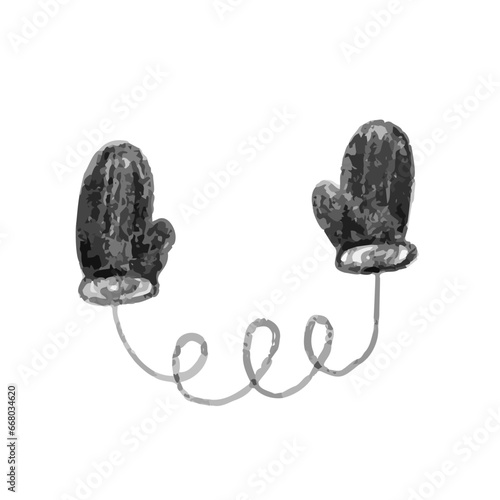 Pair of mittens on a string vector sketch drawn by hand. An isolated object on a white background. Clipart, template, sketch, icon.