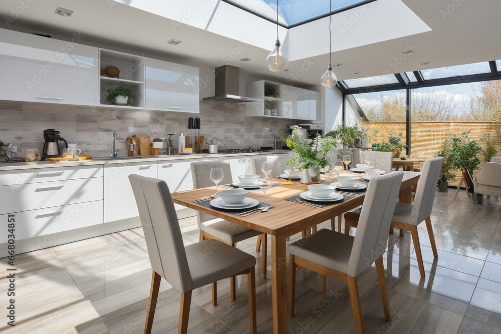 Modern new light interior of kitchen with white furniture and dining table. 
