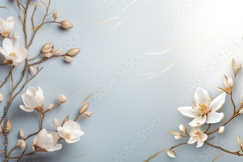 Golden magnolia branches on elegant light blue background. Wedding invitations, greeting cards, wallpaper, background, printing photo