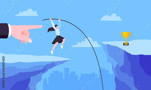 Businesswoman jumps pole vault over graph bars flat style design vector illustration business concept. Business growth and goal achievement concept.