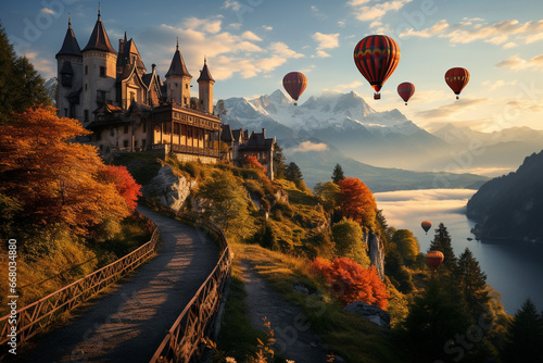 Hot air balloon flying over beautiful castle at sunset. 