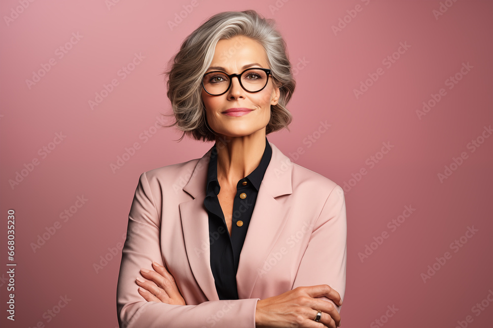 Confident looking businesswoman on pink background Confident looking businesswoman on pink background