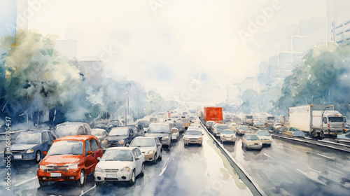 Traffic jam in style of aquarelle