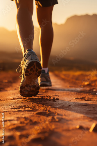 Close-up at the trail runner's feet during running on dirt terrain route with beautiful hill range with orange sunlight shade as background. Extreme sport activity scene. 