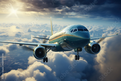 A passenger commercial airplane is flying above cloudy sky view, transportation scene.