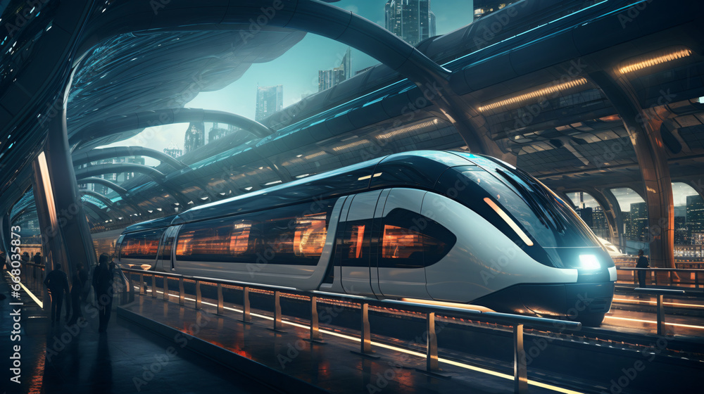 Train on futuristic station