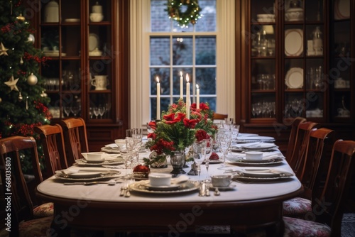 Warm and Inviting Dining Room Ready for Christmas Party, Holiday Get-Together, Holiday Food