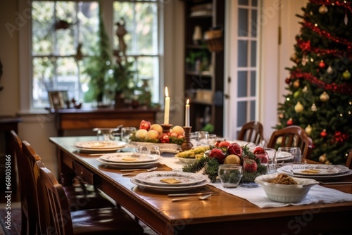 Warm and Inviting Dining Room Ready for Christmas Party, Holiday Get-Together, Holiday Food