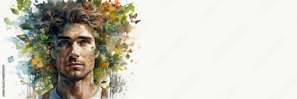 Obraz premium Mental health support and resources. Eco style life. Double exposure of male head with background of nature, plants and forest. Watercolor painting style. Banner white background, copy space