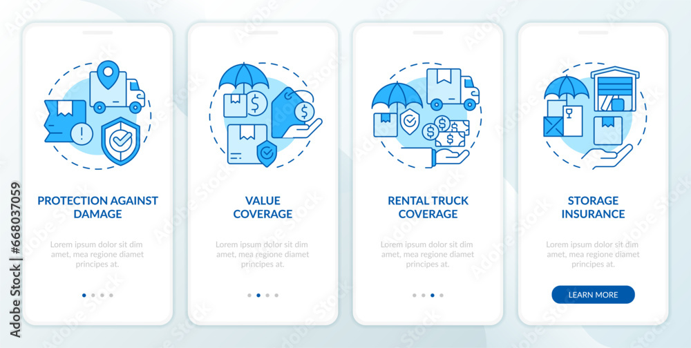 2D icons representing moving service mobile app screen set. Walkthrough 4 steps blue graphic instructions with linear icons concept, UI, UX, GUI template. 2D icons representing moving service mobile app screen set. Walkthrough 4 steps blue graphic instructions with linear icons concept, UI, UX, GUI template.