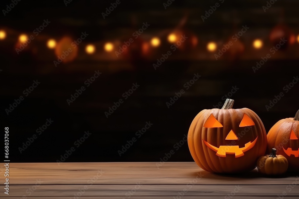 Empty wooden table with pumpkin for product display. Halloween background. Generative AI Empty wooden table with pumpkin for product display. Halloween background. Generative AI