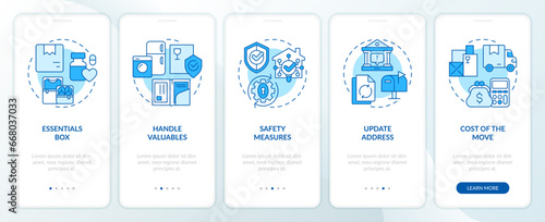 2D icons representing moving service mobile app screen set. Walkthrough 5 steps blue graphic instructions with thin line icons concept, UI, UX, GUI template.