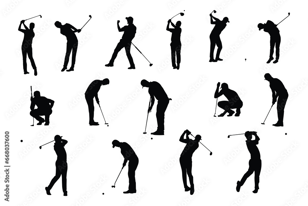 Vector silhouettes of collection of male golf players, equipment for ...