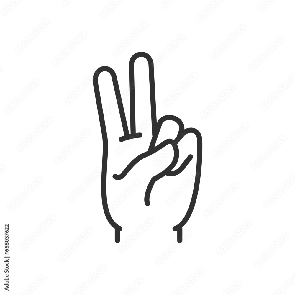 Two, Gesture forefinger and middle finger, linear icon. Line with editable stroke Two, Gesture forefinger and middle finger, linear icon. Line with editable stroke