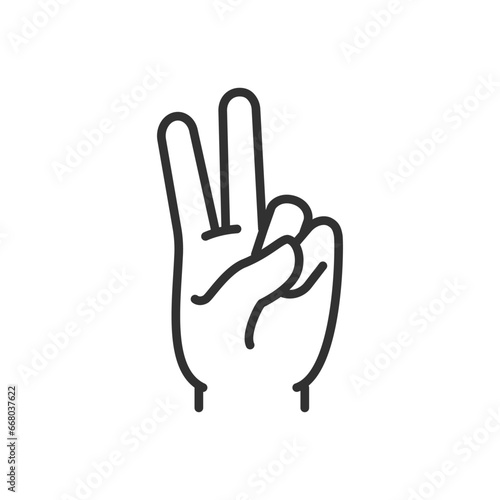 Two, Gesture forefinger and middle finger, linear icon. Line with editable stroke
