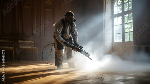 A man in a suit sprays steam on a wooden floor to destroy bedbugs and dengue mosquitoes,  © Planetz