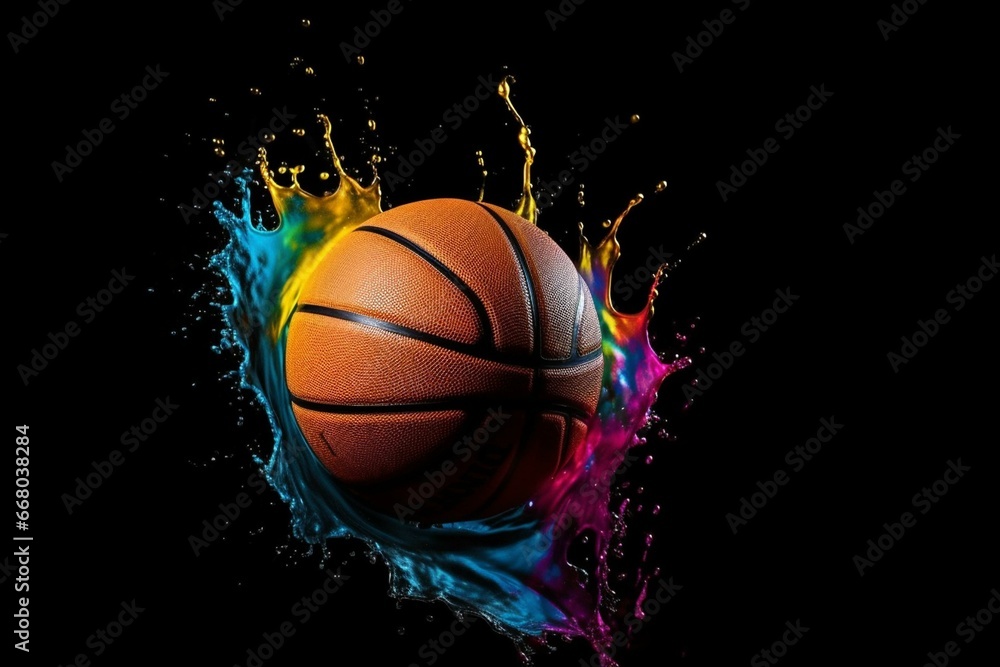 Vibrant basketball splash on white with a black background and room for text. Dynamic and illustrative sports banner. Generative AI