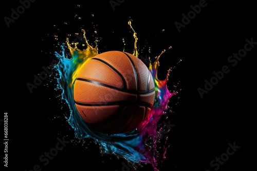 Vibrant basketball splash on white with a black background and room for text. Dynamic and illustrative sports banner. Generative AI © Seren