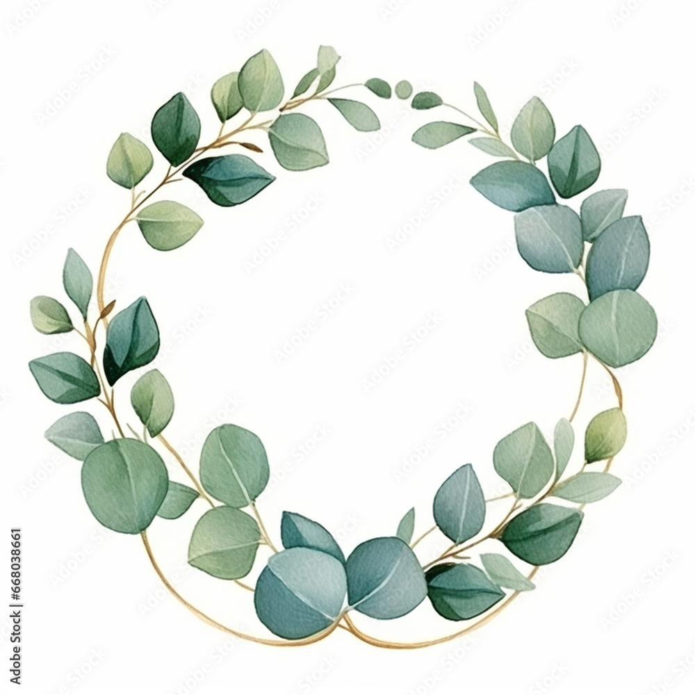 Watercolor green eucalyptus leaves and branches herb with golden line frame on white for greeting card decor. Generated AI
