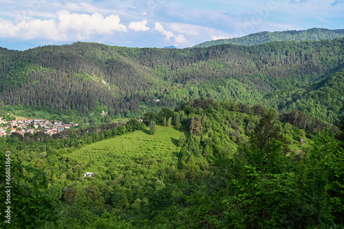 Obraz na płótnie View of summer village on mountain valley. w salonie