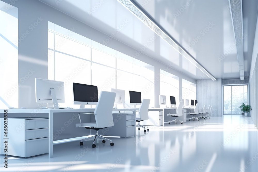 3d Illustration of blue modern office interior design with a white floor. modern conference room in a business center. office interior with white walls 3d Illustration of blue modern office interior design with a white floor. modern conference room in a business center. office interior with white walls