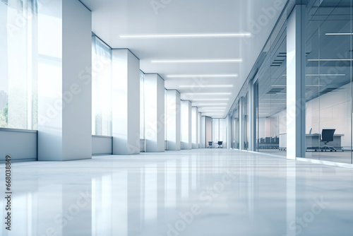 3d Illustration of blue modern office interior design with a white floor. modern conference room in a business center. office interior with white walls