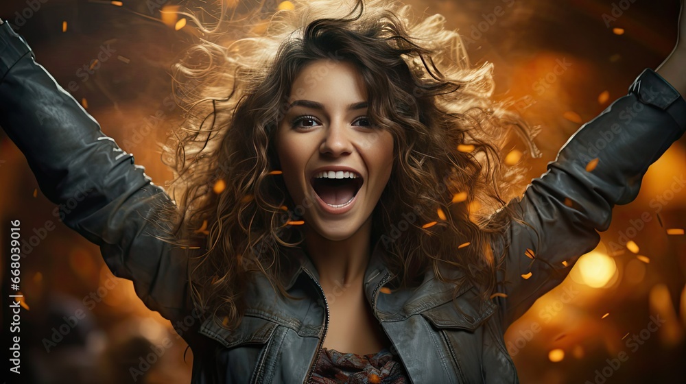 Ecstatic lady shout loud yeah fist up raise win lottery bright shine ...