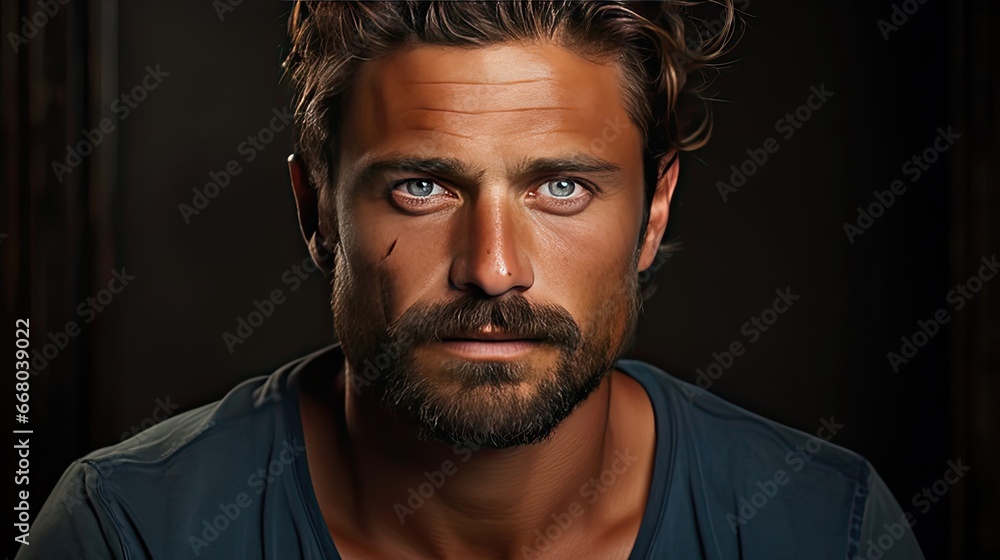 Fototapeta premium Close up portrait of smiling handsome guy in blue t-shirt on gray background. Model portrait illustration. Generative AI