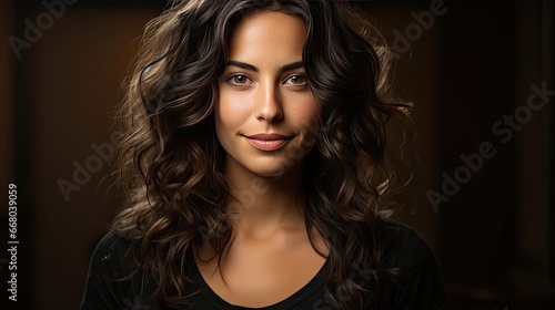 Portrait of a young latin woman with pleasant smile and crossed arms on grey wall with copy space. Beautiful girl with folded arms looking at camera against grey wall. Generative AI art