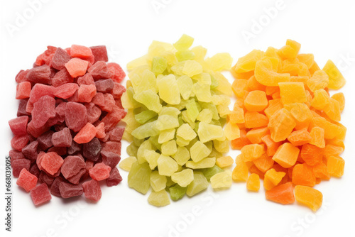 Dried colorful tropical fruit on white background