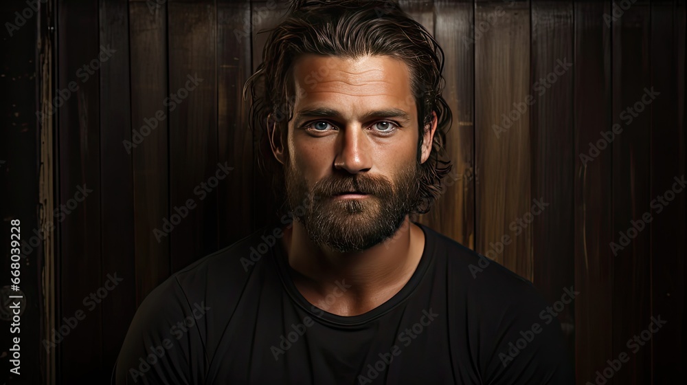 Fototapeta premium The same man in various poses with t-shirt on background. Man portrait illustration. Generative AI