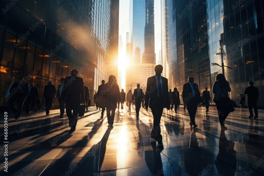 Dynamic Silhouettes of Businesspeople in Bustling City - Long Exposure, Bright Sunshine