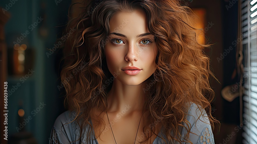 Fototapeta premium Closeup portrait of a face of the young pretty girl with a healthy skin. Beautiful face of young white woman with a clean skin. Skin care concept. Woman portrait illustration. Generative AI