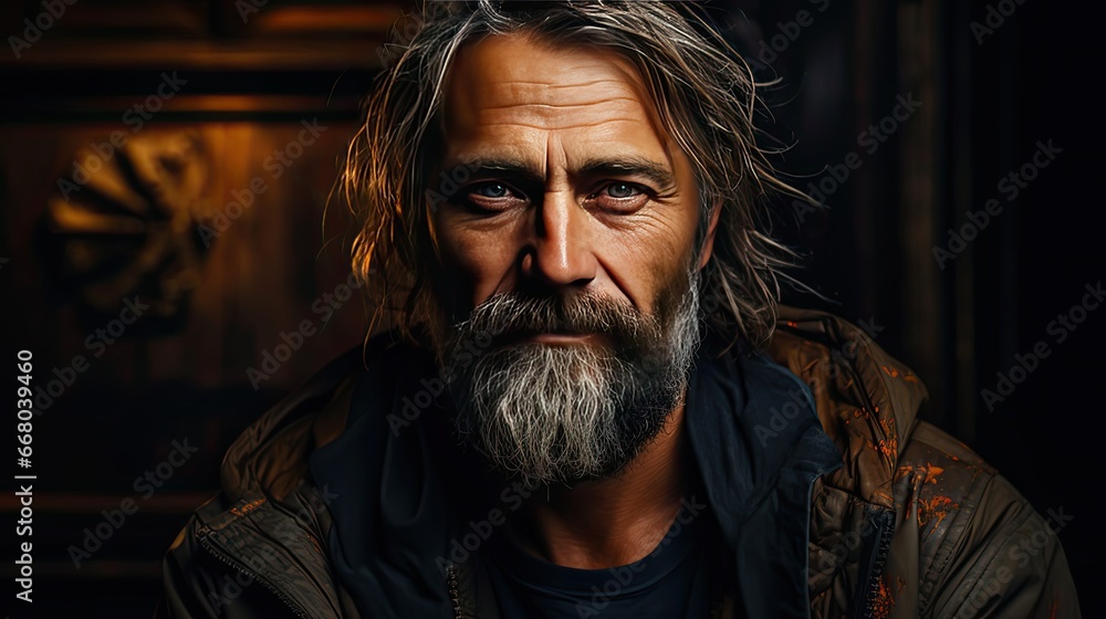 Fototapeta premium Portrait of smiling mature man standing on background. Man portrait illustration. Generative AI