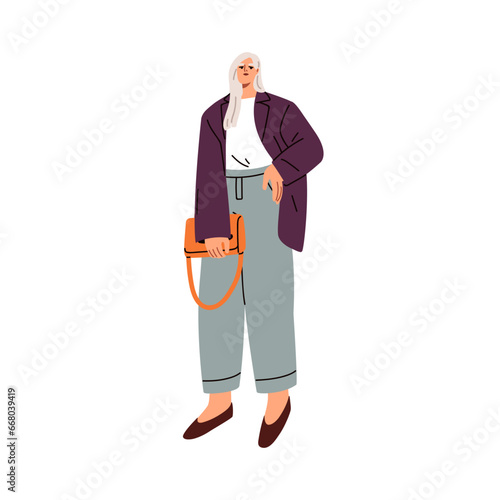 Woman in fashion outfit. Young female character wearing stylish clothes, tren...