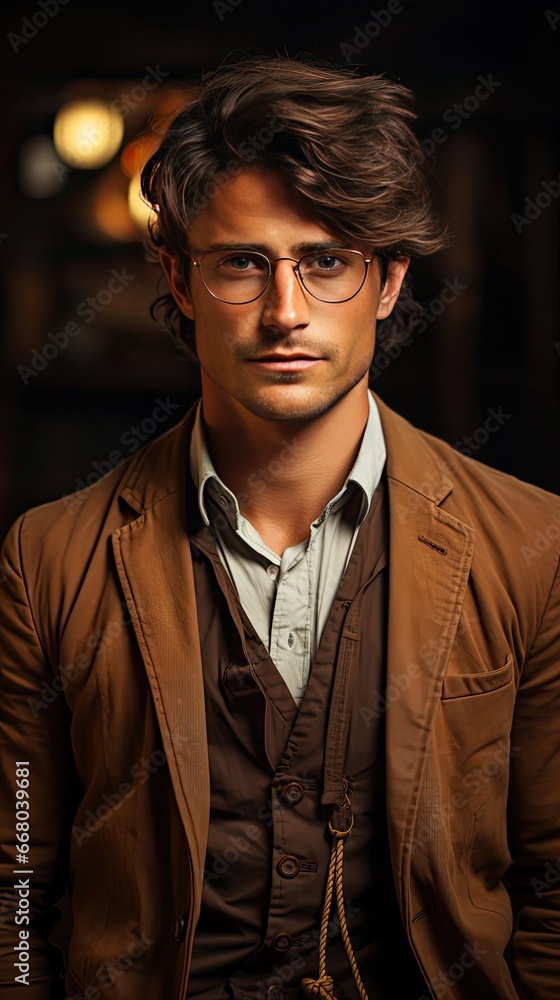Handsome man in spectacles, portrait. Model portrait illustration. Generative AI
