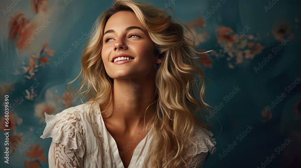 Pretty smiling joyfully female with fair hair, dressed casually, looking with satisfaction at camera, being happy. Studio shot of good-looking beautiful woman. Generative AI art Pretty smiling joyfully female with fair hair, dressed casually, looking with satisfaction at camera, being happy. Studio shot of good-looking beautiful woman. Generative AI art