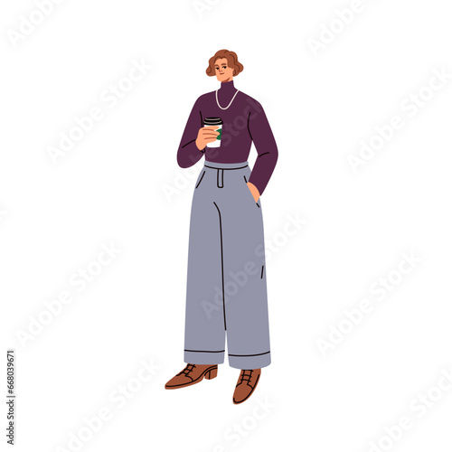 Modern woman with takeaway coffee in paper cup. Girl standing in fashion outfit, casual clothes, holding take-away tea drink mug in hands. Flat vector illustration isolated on white background