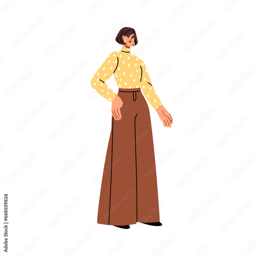 Young woman wearing modern apparel, turtleneck and wide trousers. Trendy girl standing, posing in fashion stylish apparel, casual clothes. Flat vector illustration isolated on white background Young woman wearing modern apparel, turtleneck and wide trousers. Trendy girl standing, posing in fashion stylish apparel, casual clothes. Flat vector illustration isolated on white background